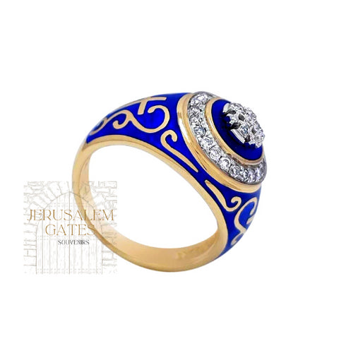 14K Gold With Diamonds and Blue Enamel Jerusdalem Cross Ring